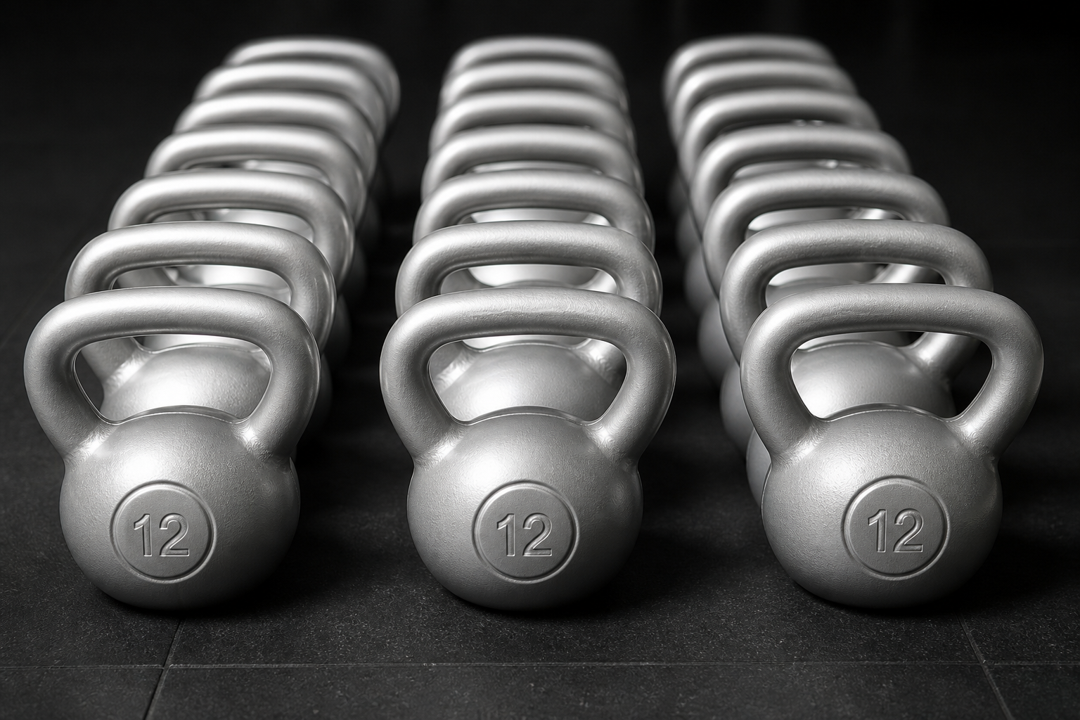 Rows of coated kettlebells