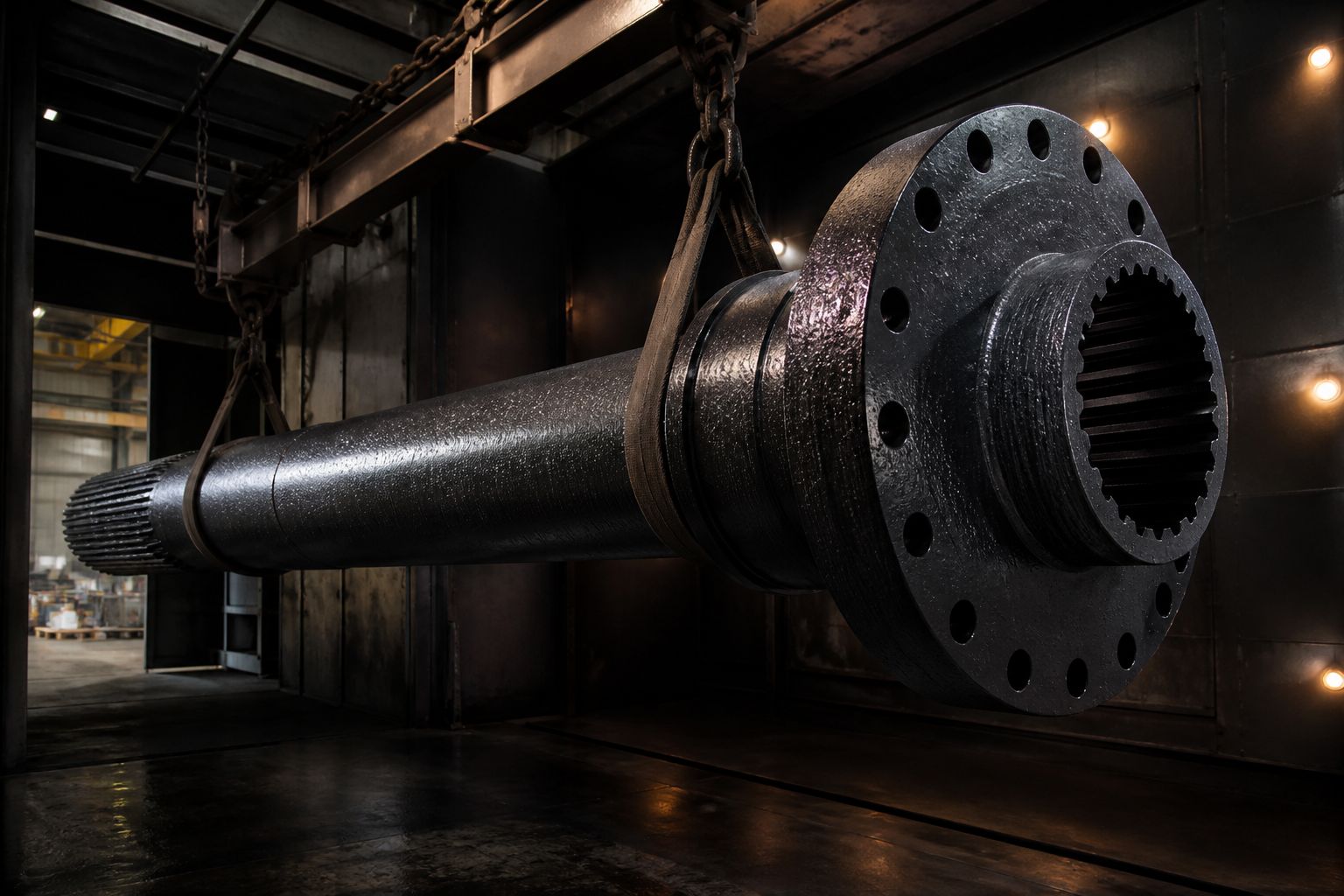 Large coated splined shaft hung in the coating booth